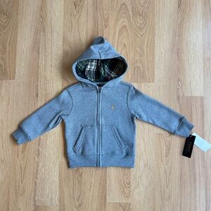 NWT Ralph Lauren Toddler Boy Hooded Zip Up Sweatshirt-Gray with Plaid Hood